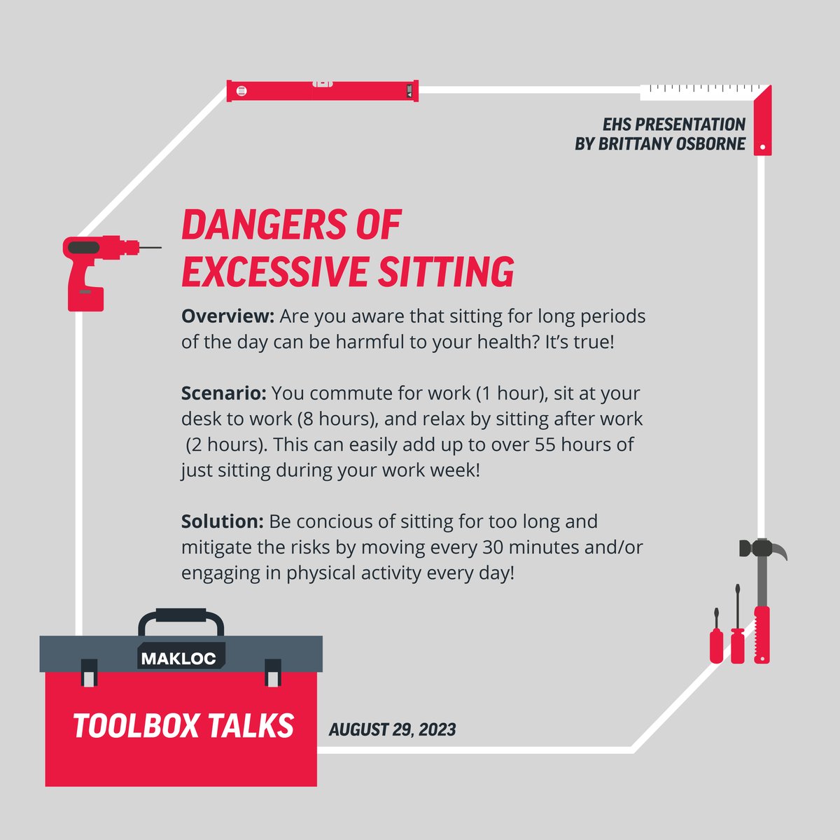 Tuesday Toolbox Talk: The Dangers of Excessive Sitting! 🗣️🛠️ Don't let the chair be your enemy. Stand up for our health and stay safe together! 💪🌟 #StandUpForHealth #MoveAsOne