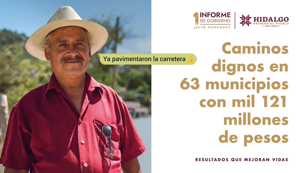 ¡Estamos cumpliendo con #CaminosDignos en todo el estado! En Hidalgo, cambiamos la forma de gobernar escuchando al pueblo para construir #ResultadosQueMejoranVidas! 

✅ Conoce más en: primerinforme.hidalgo.gob.mx

#1erInformeHidalgo
#PrimeroElPueblo