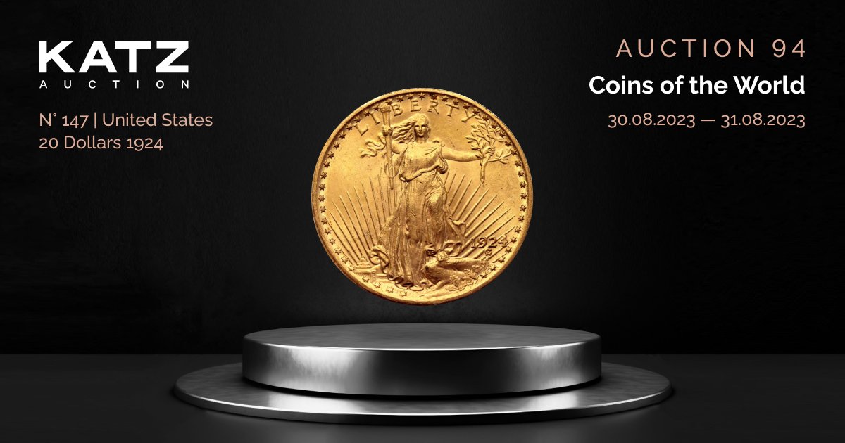katzauction's tweet photo. N° 147 | United States 20 Dollars 1924
https://t.co/gqW83XjWqe

KM# 131, N# 23126; Gold (.900) 33.44 g.; Saint-Gaudens - Double Eagle, with motto; Philadelphia Mint; UNC- with mint luster

#auction #KATZauction #numismatic #coin #money #oldcoins #worldcoins #auction94 #currency https://t.co/GeVKD9uVZ6