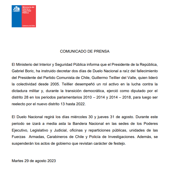 GobiernodeChile's tweet photo. El Presidente de la República, @GabrielBoric, ha instruido decretar dos días de Duelo Nacional por el fallecimiento del presidente del Partido Comunista de Chile, Guillermo Teillier, quien lideró la colectividad desde 2005. Regirá los días miércoles 30 y jueves 31 de agosto. https://t.co/Bl6AHvIBAP