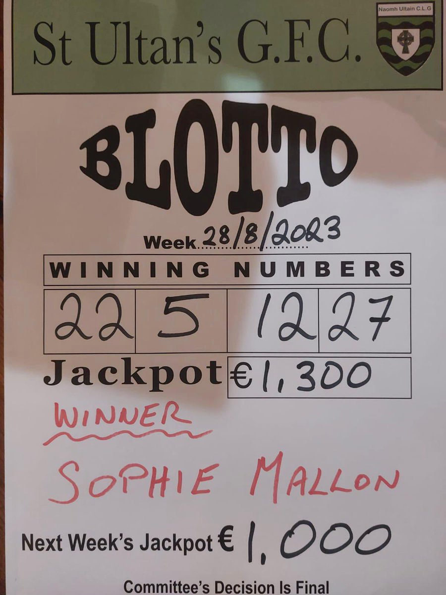 StUltansGFC's tweet photo. Our unbelievable run of giving away Blotto Jackpots continues. We have another winner, our fourth jackpot giveaway in the last 12 weeks.
Congratulations to Sophie Mallon who is €1,300 better off after playing our Blotto. https://t.co/w5UxGMFw0p