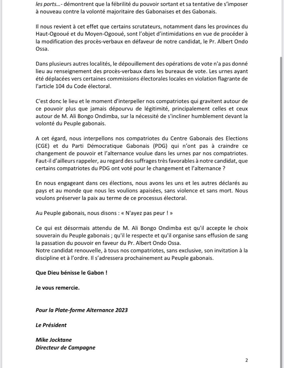 Ce que nous attendons de Ali BONGO, c'est qu'il accepte le choix souverain du #peuple_gabonais; qu'il le respecte et qu'il organise dans la paix, la passation du pouvoir au profit du candidat élu, Pr #Albert_Ondo_Ossa.

Dr #MikeJocktane
#Alternance2023
#A2O