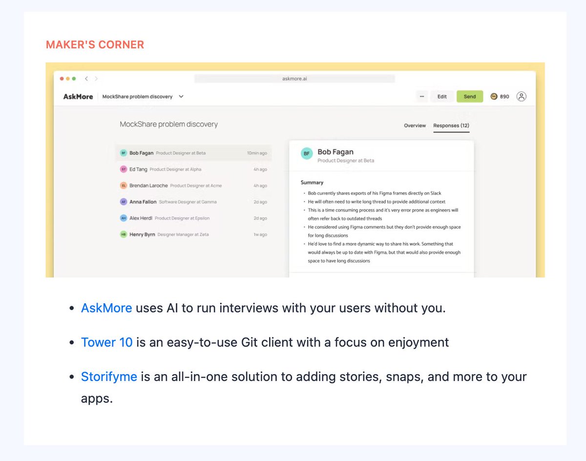 Really cool surprise to see AskMore being featured in the <a href="/ProductHunt/">Product Hunt 😸</a> newsletter! That made our day, thanks everyone!

We're getting close to the top 5, we need your help! producthunt.com/posts/askmore