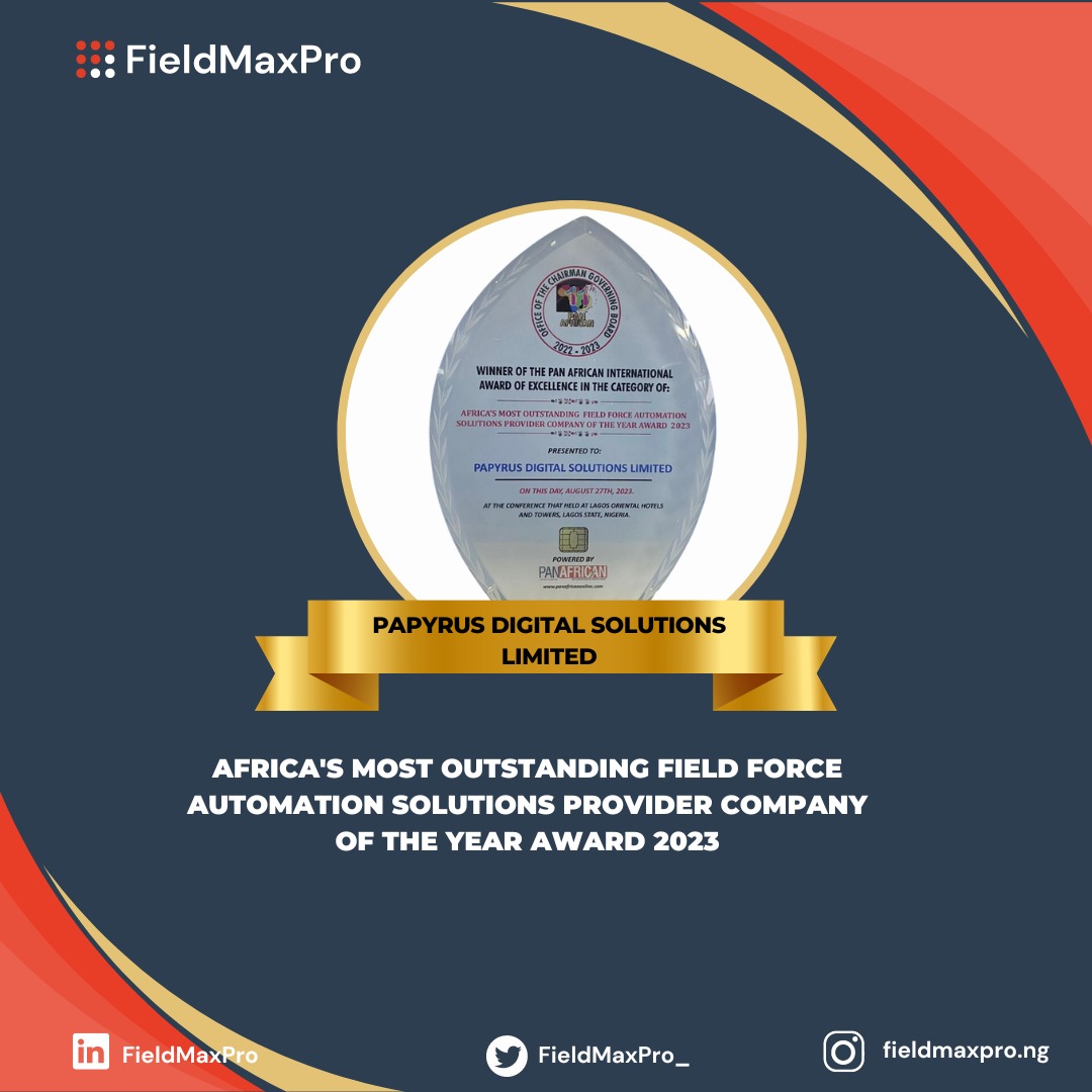 FieldMaxPro; Africa's Most Outstanding Field Force Automation Solution for 2023.
We are super proud of this achievement after winning for West Africa in 2022.

Well done to the team for all the hard work and sacrifices. We keep moving!
Check us out at fieldmaxpro.com