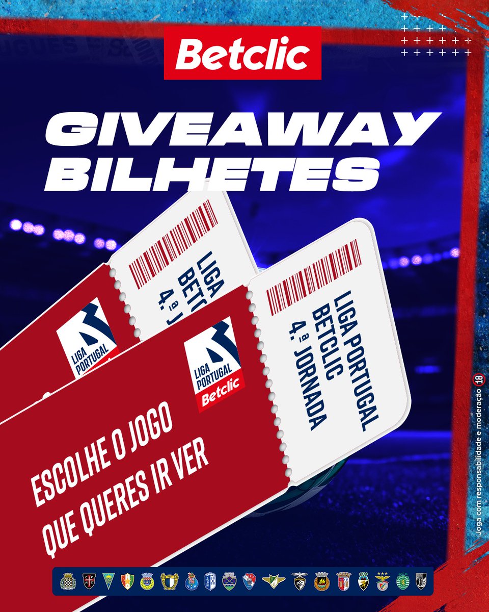 🚨 GIVEAWAY DE 10 BILHETES DUPLOS PARA A 4.ª JORNADA! 🎟️

▪ Segue a <a href="/BetclicPortugal/">Betclic Portugal 🔞</a> 
▪ Dá RT + FAV
▪ Comenta o jogo que queres ir ver e identifica quem queres levar contigo

Podes comentar várias vezes mas a identificar pessoas diferentes.
Vencedores anunciados quinta-feira.