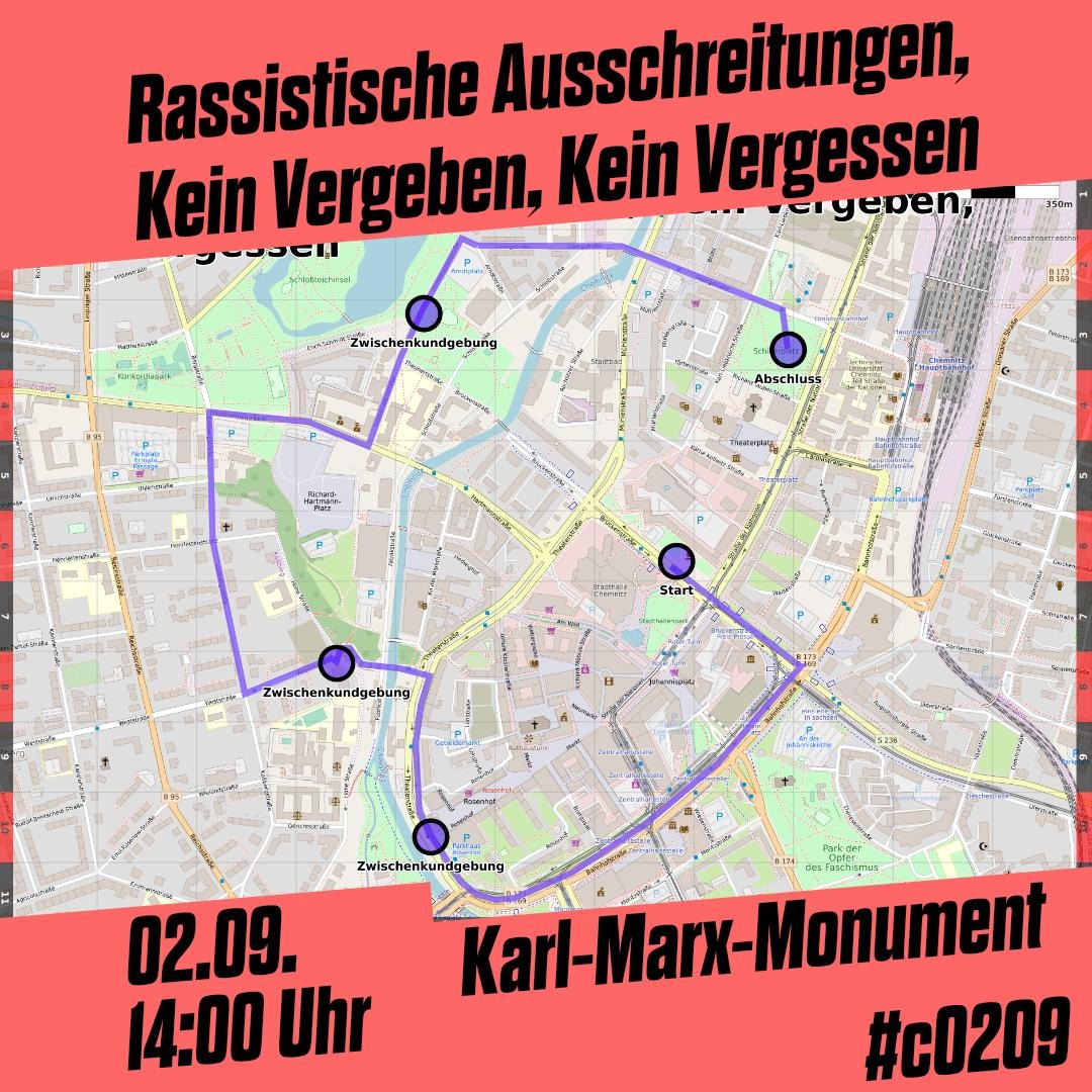 _C_Nazifrei's tweet photo. Schon diesen Samstag findet unsere Demonstration zum 5. Jahrestag der rassistischen Ausschreitungen 2018 in #Chemnitz statt. Auf der Karte seht ihr die Route unserer Demonstration. 
#c0209 https://t.co/uTaTwHWw41
