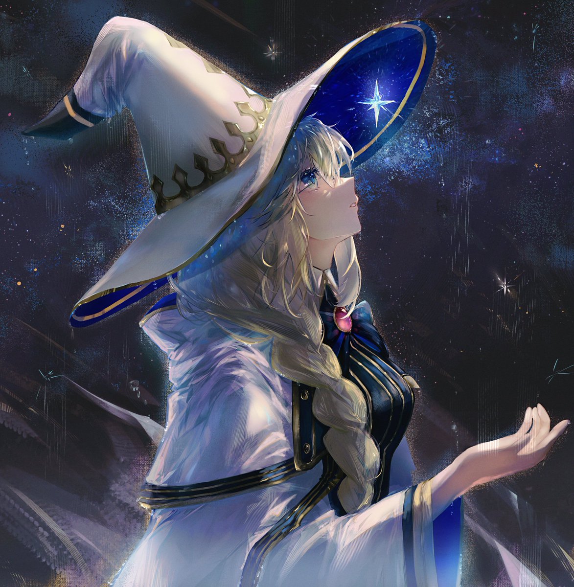 1girl hat witch hat blonde hair solo looking up braid  illustration images