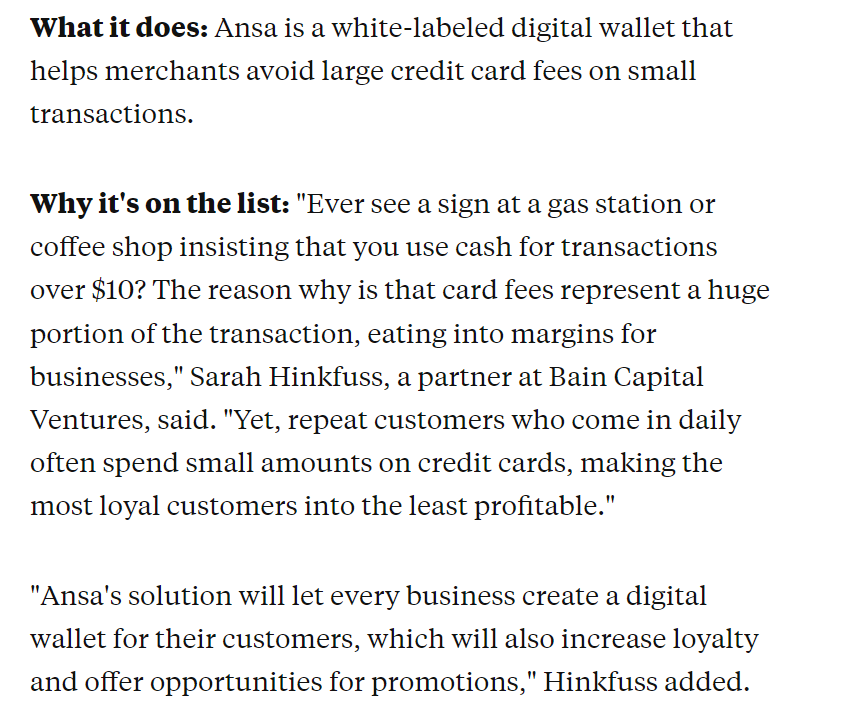 The Fintech Fund (@thefintechfund) on Twitter photo Great to see our portfolio co <a href="/cheaperpayments/">Ansa</a> featured at the top of <a href="/BusinessInsider/">Business Insider</a>'s top fintech startups to watch!
Check out what <a href="/sophgoldb/">sophia goldberg</a> and team are building at ansa.dev
businessinsider.com/top-best-finte… Great to see our portfolio co <a href="/cheaperpayments/">Ansa</a> featured at the top of <a href="/BusinessInsider/">Business Insider</a>'s top fintech startups to watch!
Check out what <a href="/sophgoldb/">sophia goldberg</a> and team are building at ansa.dev
businessinsider.com/top-best-finte…