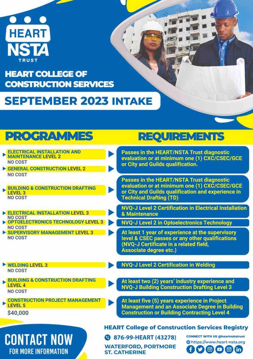 Apply now for the September 2023 intake in areas such as Electrical Installation, General Construction, Construction Project Management and much more at the HEART College of Construction Services. #besmartandchooseHEART #Skillspaythebills