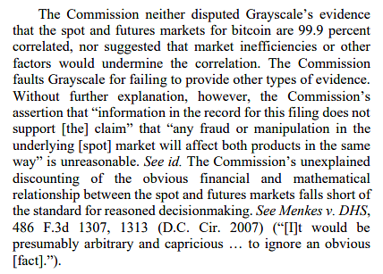 alistairmilne's tweet photo. The Judge destroyed the SEC in today's judgement:

"The Commission’s unexplained discounting of the obvious financial and mathematical relationship between the spot and futures markets falls short of the standard for reasoned decision making." https://t.co/lKmhV3kMeb