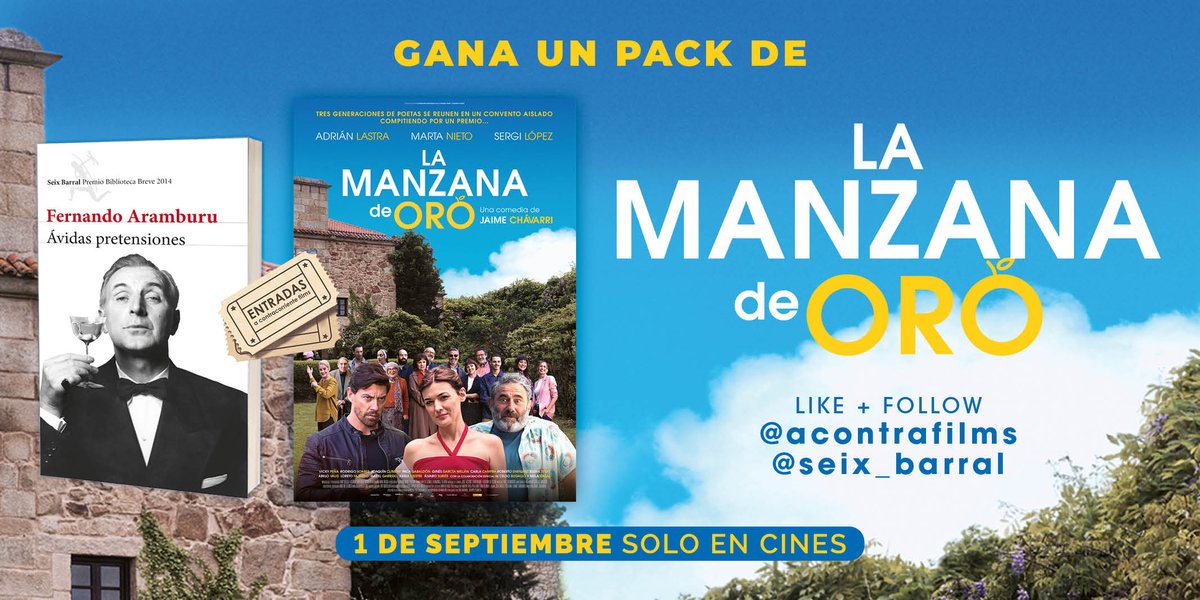 acontrafilms's tweet photo. ¡SORTEAMOS 4 PACKS DE “LA MANZANA DE ORO"!

✔️ Un ejemplar de la novela ‘Ávidas pretensiones’, de Fernando Aramburu, en la que está basada la película.
✔️ Dos entradas para ir al cine.

¿Quieres uno? RT y seguir @acontrafilms + @Seix_Barral 

Límite: 31.08.23 a las 23.59h https://t.co/Hwsajuhd4I