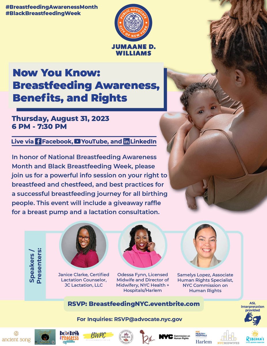Thursday: Birthing people in NYC are invited to a powerful info session on breastfeeding awareness, potential health benefits, and your right to breastfeed and chestfeed. RSVP + tune in: BreastfeedingNYC.eventbrite.com

#BreastfeedingAwarenessMonth #BirthEquityNYC #BlackBreastfeedingWeek