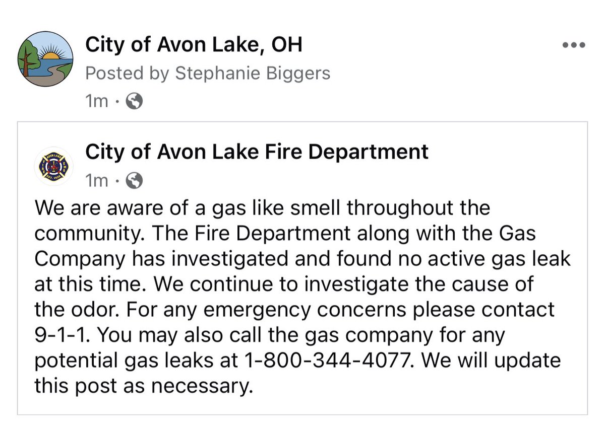 AvonLakeCity's tweet photo. We continue to investigate the cause of the odor. For any emergency concerns please contact 9-1-1. You may also call the gas company for any potential gas leaks at 1-800-344-4077. We will update as necessary.
#AvonLake #AvonLakeFire @AvonLakePolice https://t.co/dUm408poPS