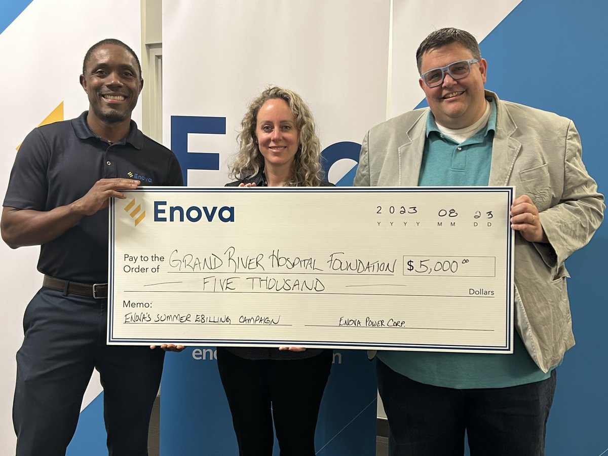 Grand River Hospital Foundation (@careneverstops) on Twitter photo Thank you <a href="/enovapower/">Enova Power Corp.</a> for supporting world class health care close to home through your donation to Grand River Hospital Foundation! $5,000 was raised by Enova donating $5 for every customer who switched to eBilling. A separate donation was also made to support <a href="/SMGHF/">St. Mary's General Hospital Foundation</a>! 👏 Thank you <a href="/enovapower/">Enova Power Corp.</a> for supporting world class health care close to home through your donation to Grand River Hospital Foundation! $5,000 was raised by Enova donating $5 for every customer who switched to eBilling. A separate donation was also made to support <a href="/SMGHF/">St. Mary's General Hospital Foundation</a>! 👏