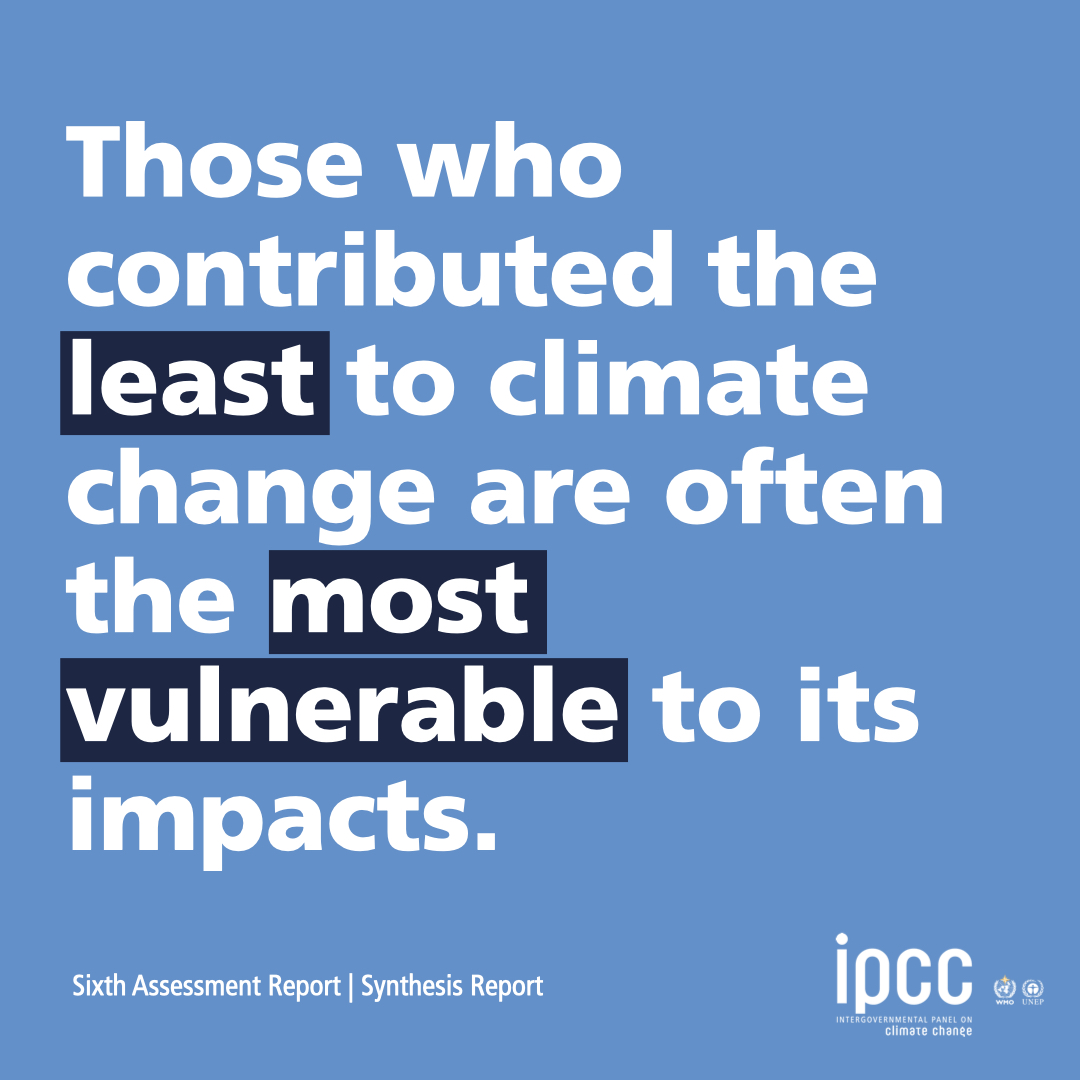 Human-caused #climatechange is affecting weather & climate extremes in every region worldwide. Those who have historically contributed the least to #climatechange are often the most affected. Fairness is one of the solutions. #IPCC’s Synthesis Report ➡️ bit.ly/SRYRpt23