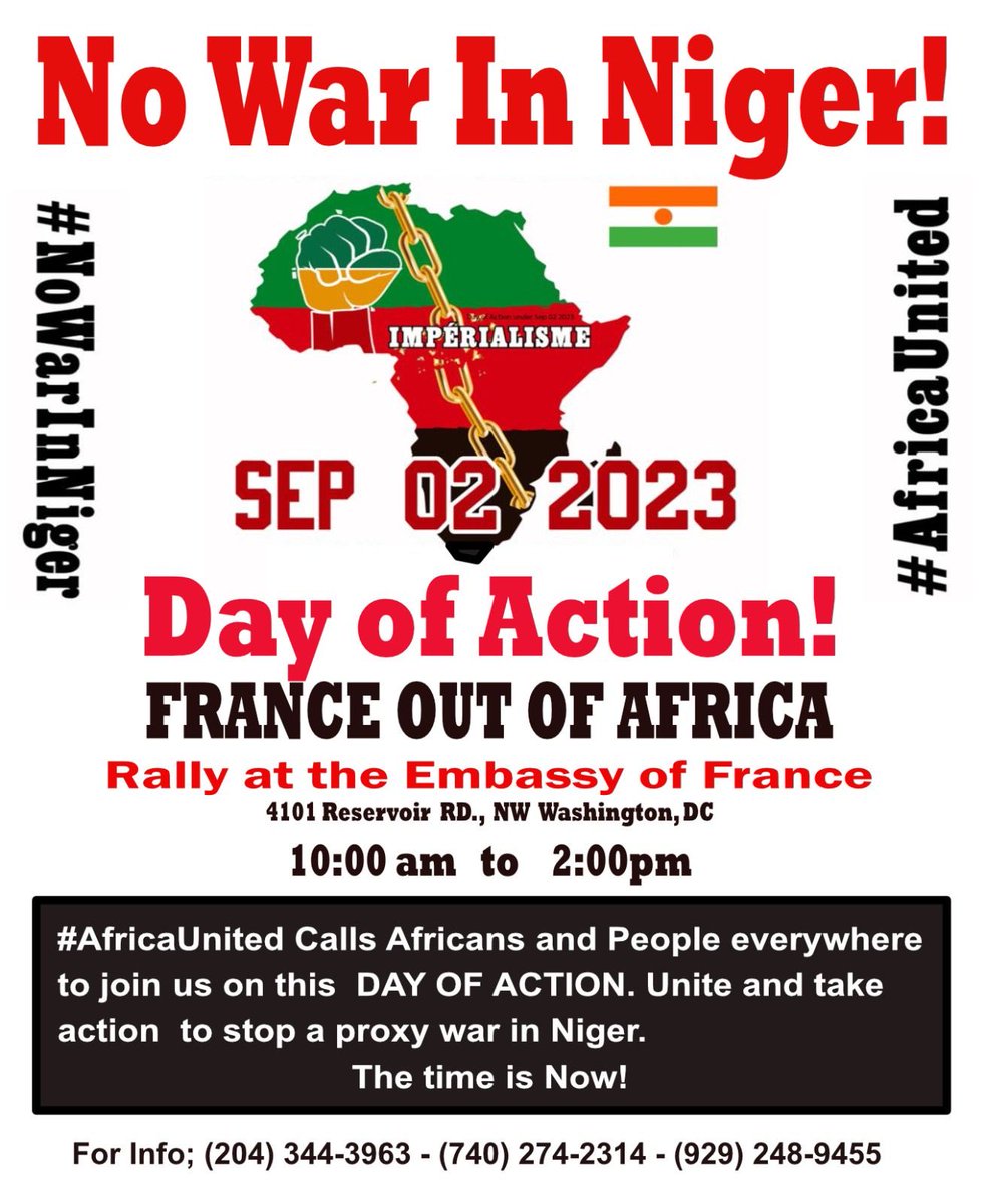 BriefScoop's tweet photo. #NoWarInNiger Rally
French Embassy Washington DC
Sat Sept 2nd 2023
Africans, African Diaspora &amp; Supporters saying #NoMore 2 colonialism &amp; theft of resources, human &amp; natural. 

⁦@AfroSolutionz⁩ ⁦@Boubaca83944581⁩ ⁦@HermelaTV⁩ ⁦@Nath_Yamb⁩ ⁦@KemiSeba1 https://t.co/kGlkCpGwmt