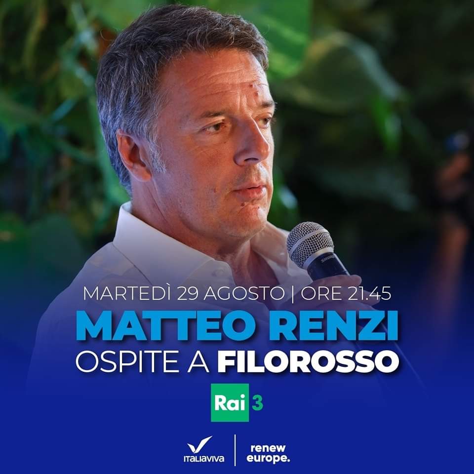 ItaliaViva's tweet photo. Questa sera dalle 21.45 @matteorenzi sarà ospite a #Filorosso su @RaiTre. https://t.co/68XnRdvrpm
