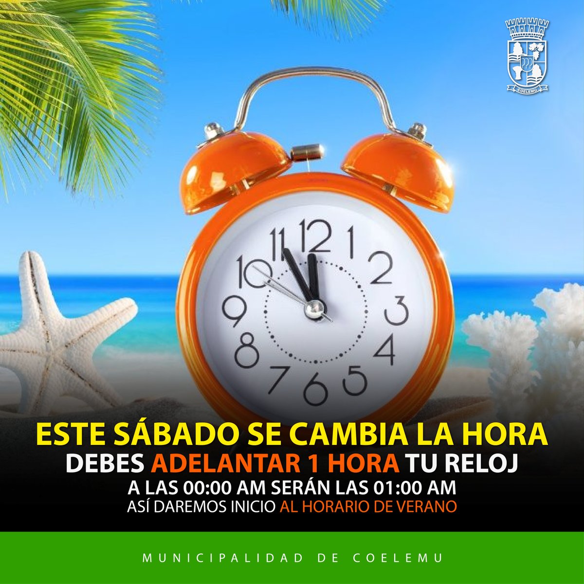 muni_coelemu's tweet photo. 🕕 CAMBIO DE HORA 🕕
Atención vecinos y vecinas este sábado 2 de septiembre se cambia la hora.
#JuntosMejor https://t.co/vMiTBdUwat