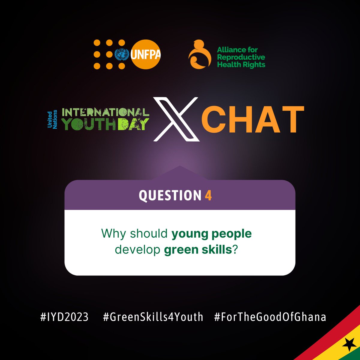 UNFPAGhana's tweet photo. QUESTION 4⃣   

Why should young people develop green skills?  

#IYD2023 
#GreenSkills4Youth 
#ForTheGoodOfGhana https://t.co/9Sfm7UpSGR