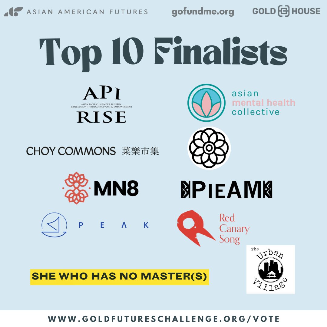 📣#GoldFuturesChallenge Voting is now OPEN! 📣

Your vote will decide which of our ten #AAPI finalists receive top funding. Learn more about each GFC finalist and stay up-to-date on voting by following <a href="/GoldFuturesC/">Gold Futures Challenge</a>. Voting closes 9/26

<a href="/AAFutures/">Asian American Futures</a> <a href="/GoldHouseCo/">GOLD HOUSE</a> #GrantOpportunity
