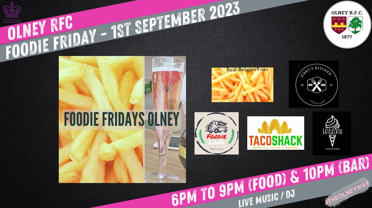 will be at Foodie Friday
Friday 1st September 2023
6pm to 10pm
(Food to 9pm)
Real Belgian Fries
Jerrys Kitchen
@sandwichland_olney
Taco Shack
EatGelato - Ice Cream and Desserts Van _
Music from Events DJ and a drink from the one and only @olneyrfc  bar
#FoodieFriday
#TheOlneyWay