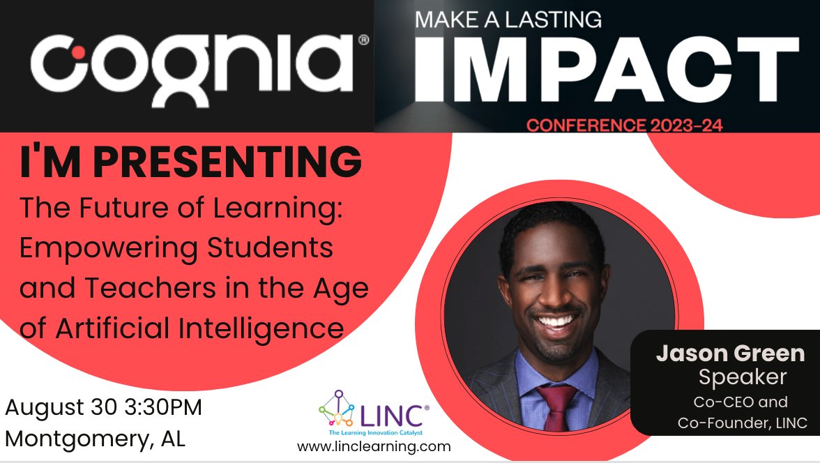 Are you headed to @CogniaOrg 's #AlabamaIMPACT2023 conference? As #AI becomes a staple in our world, its influence on #education is undeniable. Join @jasontoddgreen to discuss the evolving roles of learners & teachers and the potential of AI in the classroom.