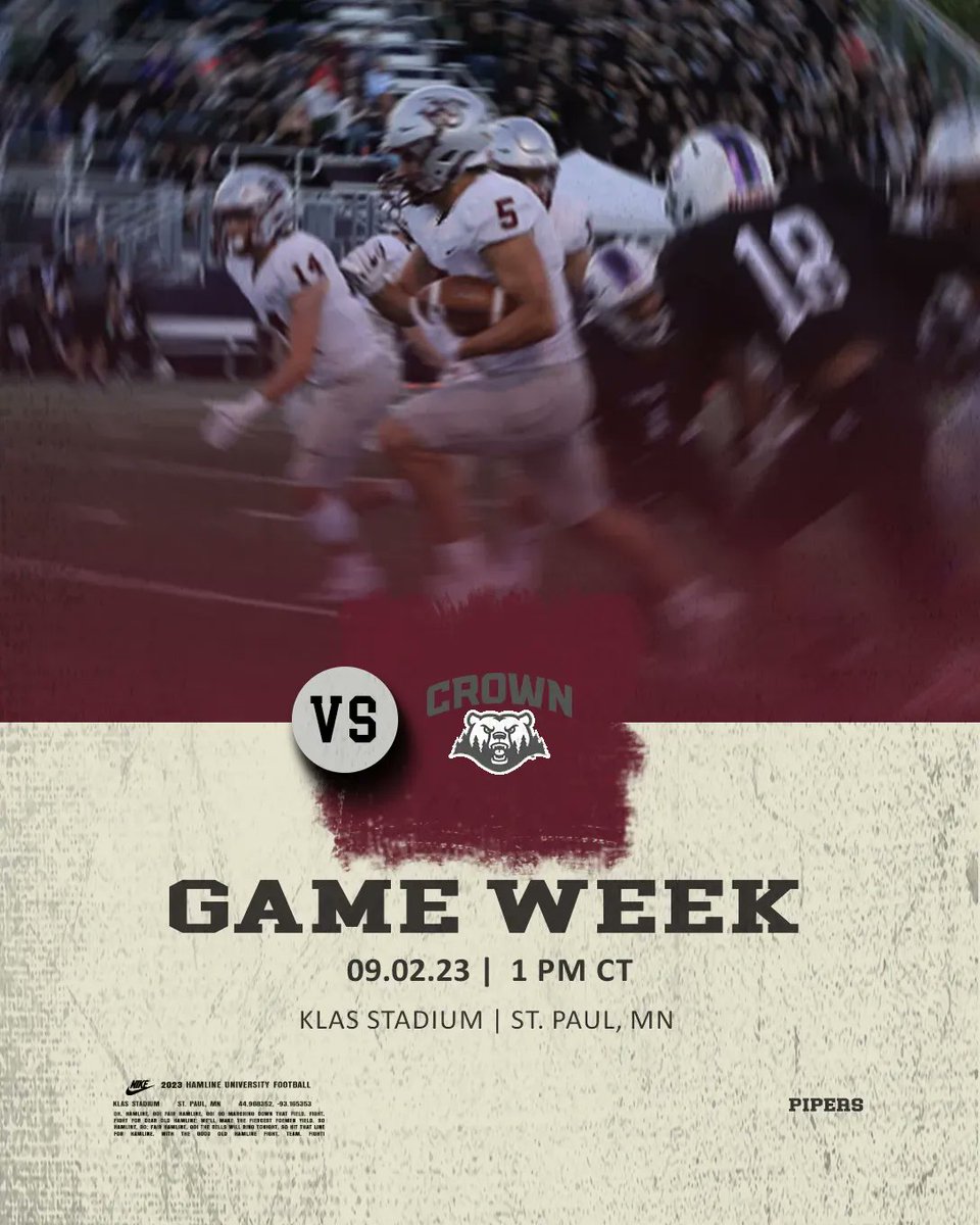 It's FINALLY HERE! GAME WEEK!
1️⃣🏈 Hamline University vs. Crown College
📆 - Saturday, September 2nd, 2023
🕐 - 1:00 p.m. CST
🏟️ - Klas Field 🏠
💻 - buff.ly/47PEQf0 

#goHU #RDP