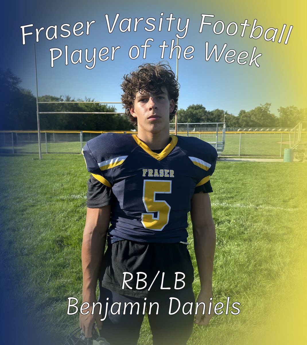 Our Fraser Varsity Football Player of the Week is Senior Ben Daniels. Ben is our starting LB and also led the team in rushing yards on Thursday. He’s a leader on the defense and was a huge factor in last week’s victory. He also scored both the Rambler’s touchdowns. Way to go Ben!