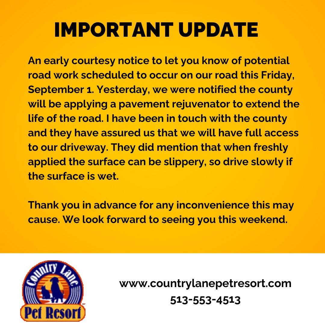 clpronline's tweet photo. An early courtesy notice to let you know of potential road work scheduled to occur on our road this Friday, September 1. https://t.co/EVflY1EFGL