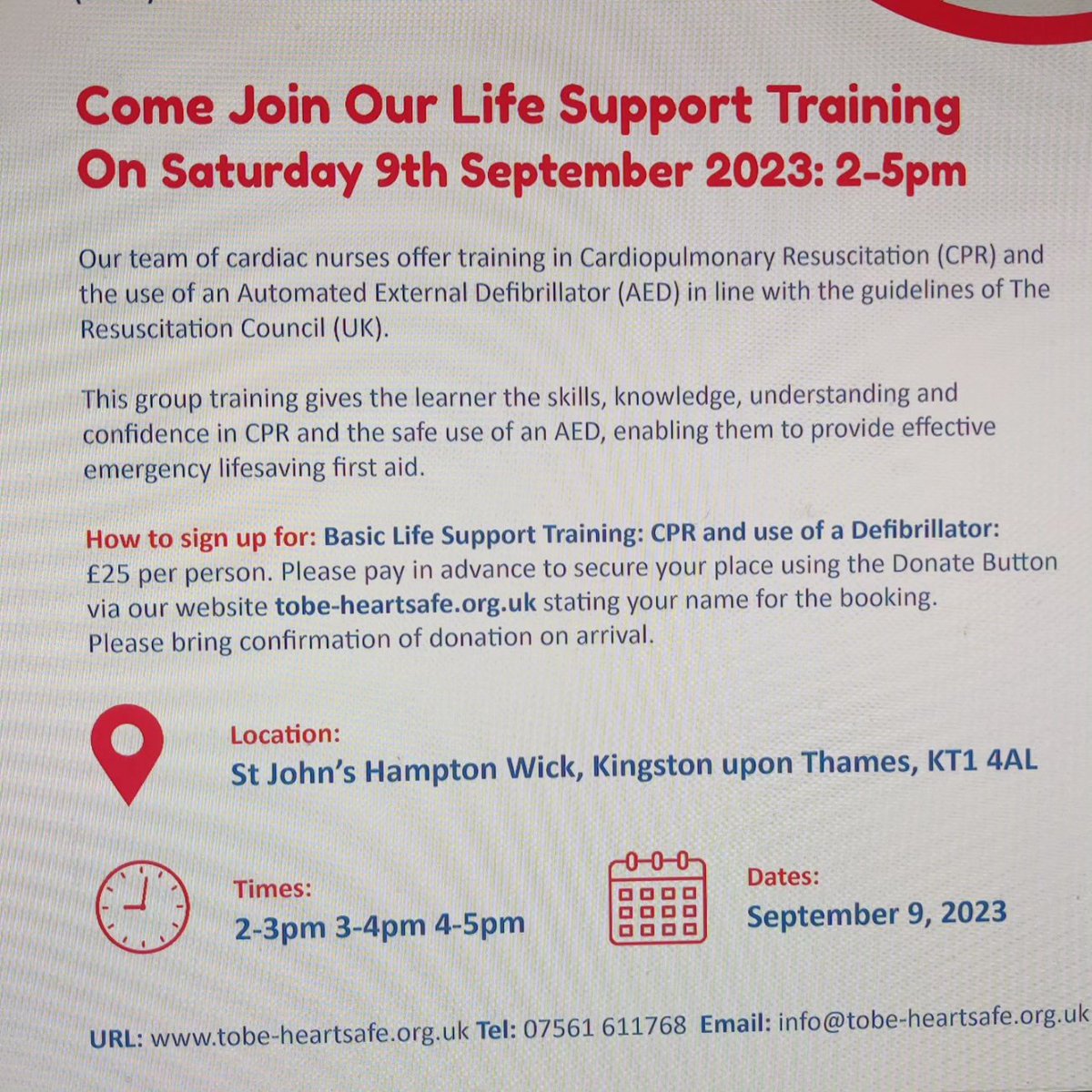 Join us next Saturday 9th September at St John Hampton Wick for our fun group sessions giving basic life saving skills. Book via our website to secure a place!