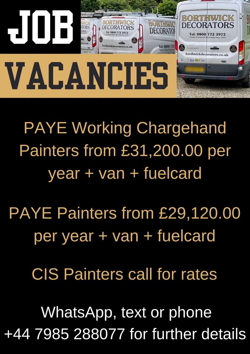 BorthwickDecor's tweet photo. We’re hiring 😀. Give us a call if you’re interested in any of our vacancies 👍.

#paintingjob #painterjob #werehiring https://t.co/syRFkYUYHs