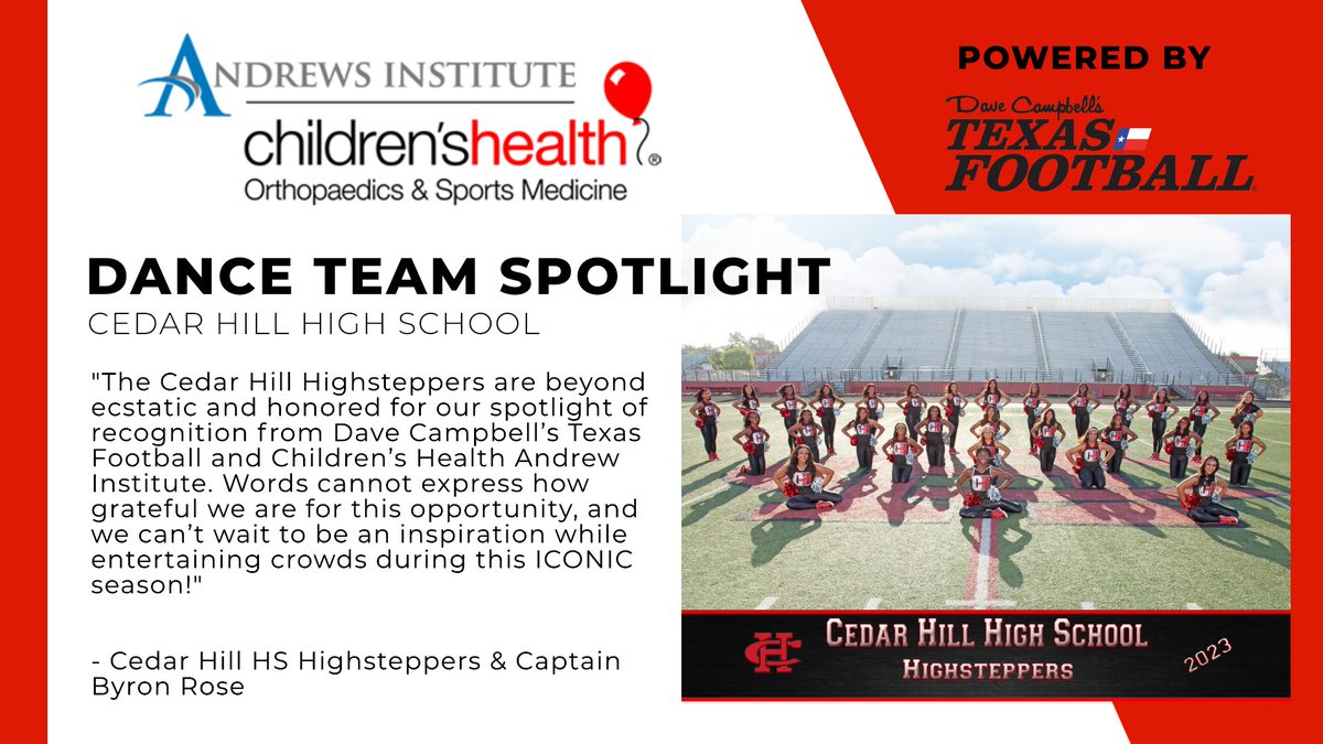 dctf's tweet image. #DCTF and the Children’s Health Andrews Institute is shining light on drill team/dance programs across North Texas with the Dance Team Spotlight Award presented by @childrens!

This week: Cedar Hill💃

texasfootball.com/north-texas-da…

@CHLonghorns @cedarhillisd @CHHSHighstepper