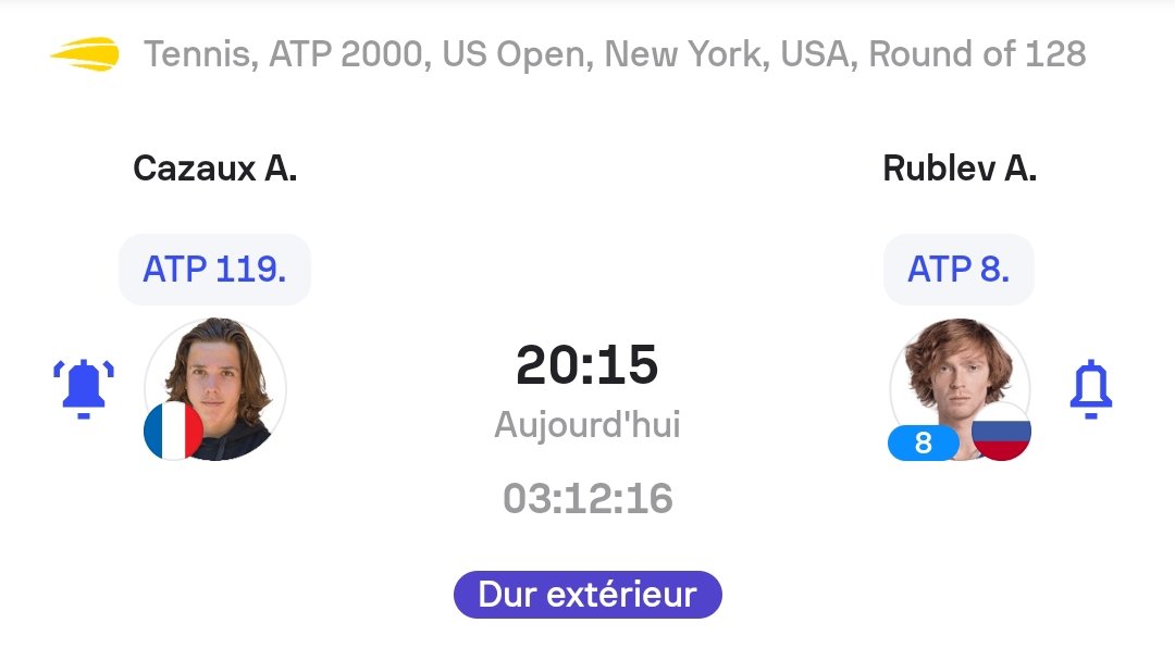FanArthurCazaux's tweet photo. ⚔️ Jour de match INNATENDUE ⚔️

⚔️ Cazaux affronte aux alentours de 20H15 la tête de série n°8 Andrey Rublev pour un premier tour d'US Open 🇺🇲 !

🎾 Match ultra compliqué et tirage dégueu ! https://t.co/H2r1xid5Zu