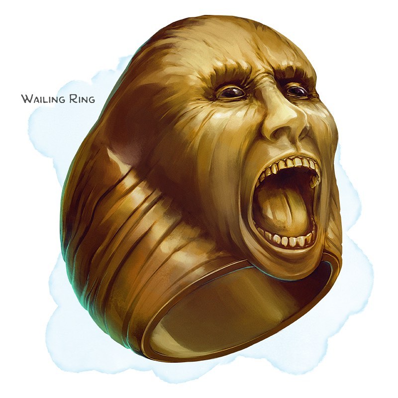 💍 𝗡𝗲𝘄 𝗶𝘁𝗲𝗺!
Wailing Ring Ring, uncommon (requires attunement)
___

This tarnished ring is thick and has the texture of over-taut skin. Whenever you charm a creature while wearing this rin...
🆕instagram.com/p/CwiHFHvr5W7/
-
#dnd5e #dungeonsanddragons