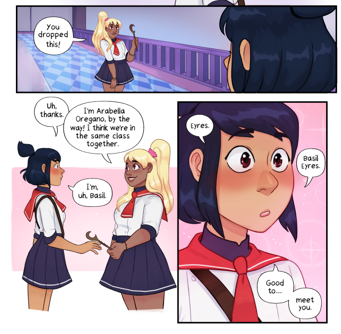 my debut graphic novel is now out in stores! Fans of Heartstopper and The Owl House will love Basil and Oregano! It's a lovely and warm story about two girls who fall in love at a magical cooking school. And they have a dog named Tomato!