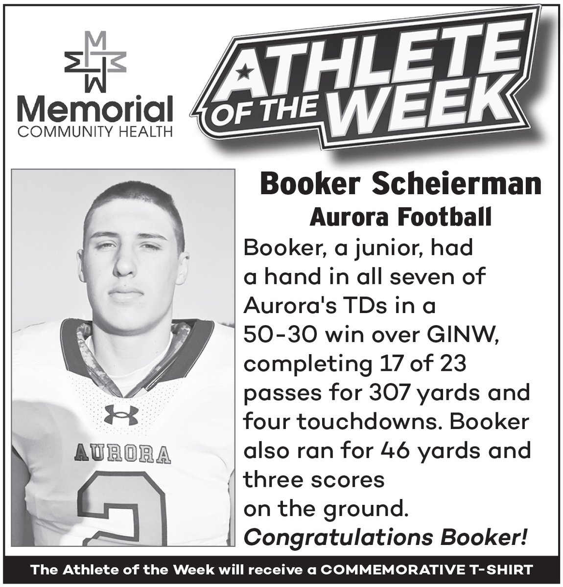 For a second straight week, a No. 2 has 7 touchdowns. Aurora's Booker Scheierman (<a href="/BScheierman/">Booker Scheierman</a>) had a hand in every Husky score, including 307 passing yards during a 50-30 win over Northwest to claim our MCHI AOTW honors. Congrats, Book! #nebpreps