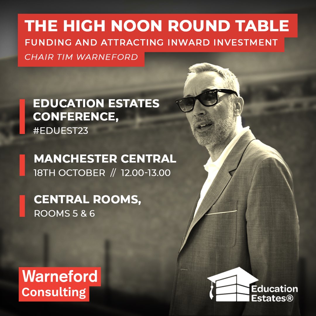 TimW1901's tweet photo. #highnoon Join us in Manchester on 18th October #EduEst23 as we discuss funding and investment options for addressing #thecrumblingestate #decarbonisation @ISBL_news @LocatEDproperty @EverlastGroup @ESFAgov #developingthetrust https://t.co/4LwGLVuf4I