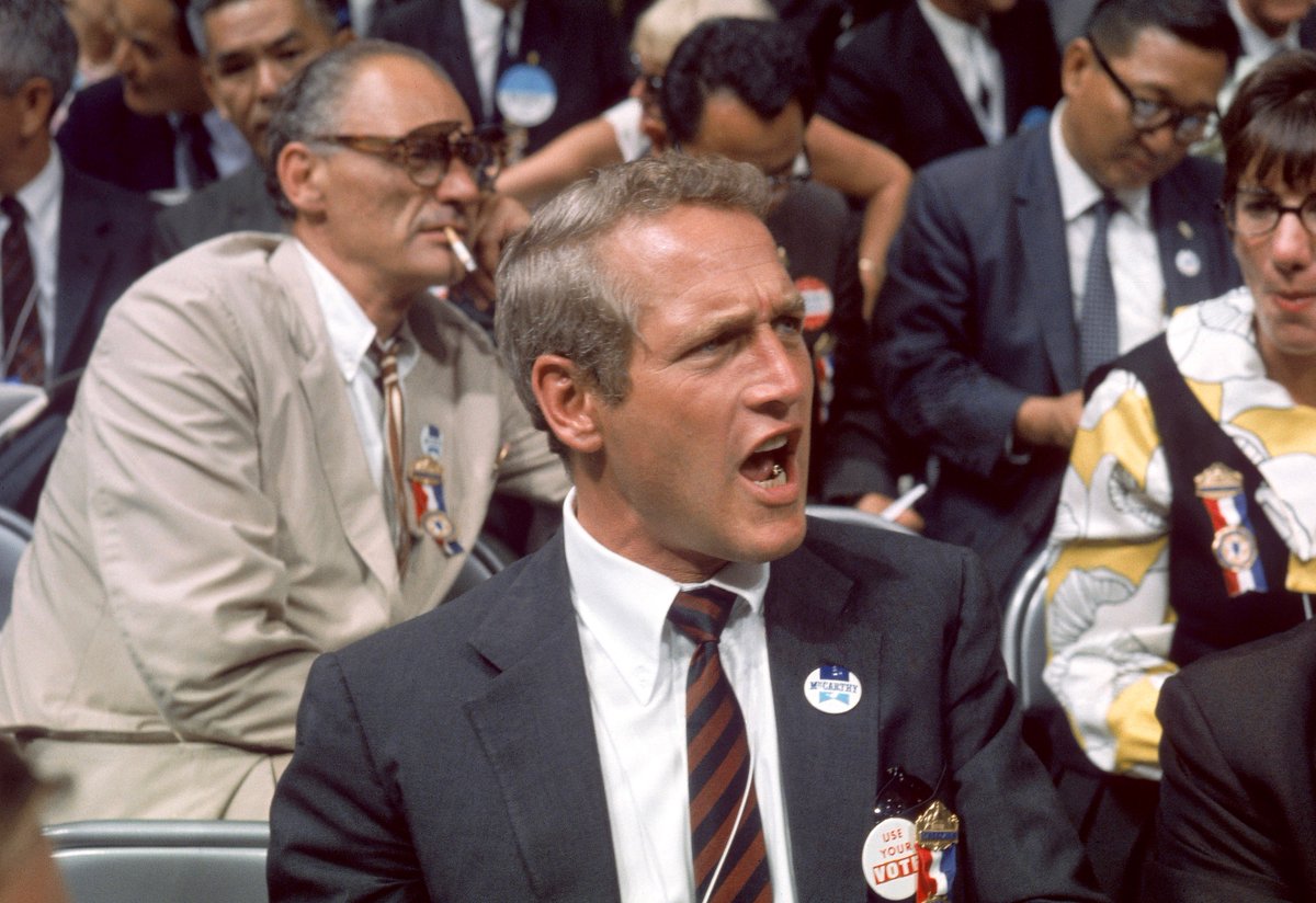 Arthur Miller and Paul Newman as antiwar Democratic delegates on Chicago convention floor supporting Eugene McCarthy, fifty-five years ago this week: