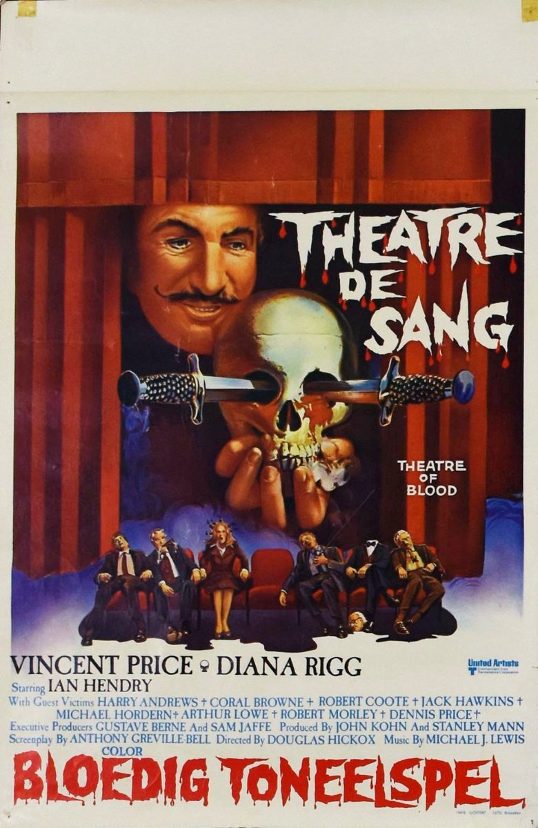 Belgian film poster for #TheatreOfBlood (1973 - Dir. #DouglasHickox) #VincentPrice #DianaRigg #IanHendry