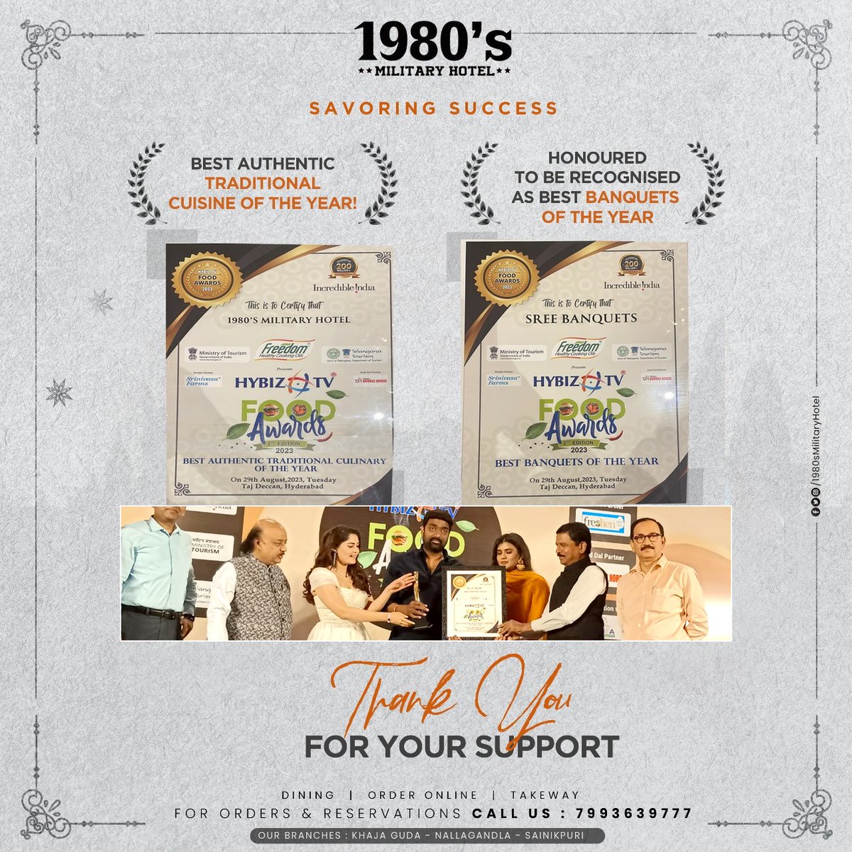 1980smilitary's tweet photo. Honoured to Receive the Recognition from @HybizTV ❤🏆

#1980sMilitaryHotel #Hyderabad #Manikonda #Khajaguda #Sainikpuri #SreeBanquetHalls #BestAuthenticTraditionalCuisineofTheYear #BestBanquetsofTheYear https://t.co/7Z1C8lvt4F