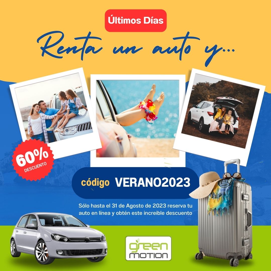 greenmotionmx's tweet photo. ¡Alerta de oferta! ⏰🚗 Quedan POCOS DÍAS para aprovechar un 60% de descuento en la renta de tu auto con Green Motion. Viaja con estilo y ahorra usando el código VERANO2023. ¡No esperes más, el verano te llama! 🌞 #ViajaConGreenMotion #DescuentoVerano2023 https://t.co/AKRueRFxFQ