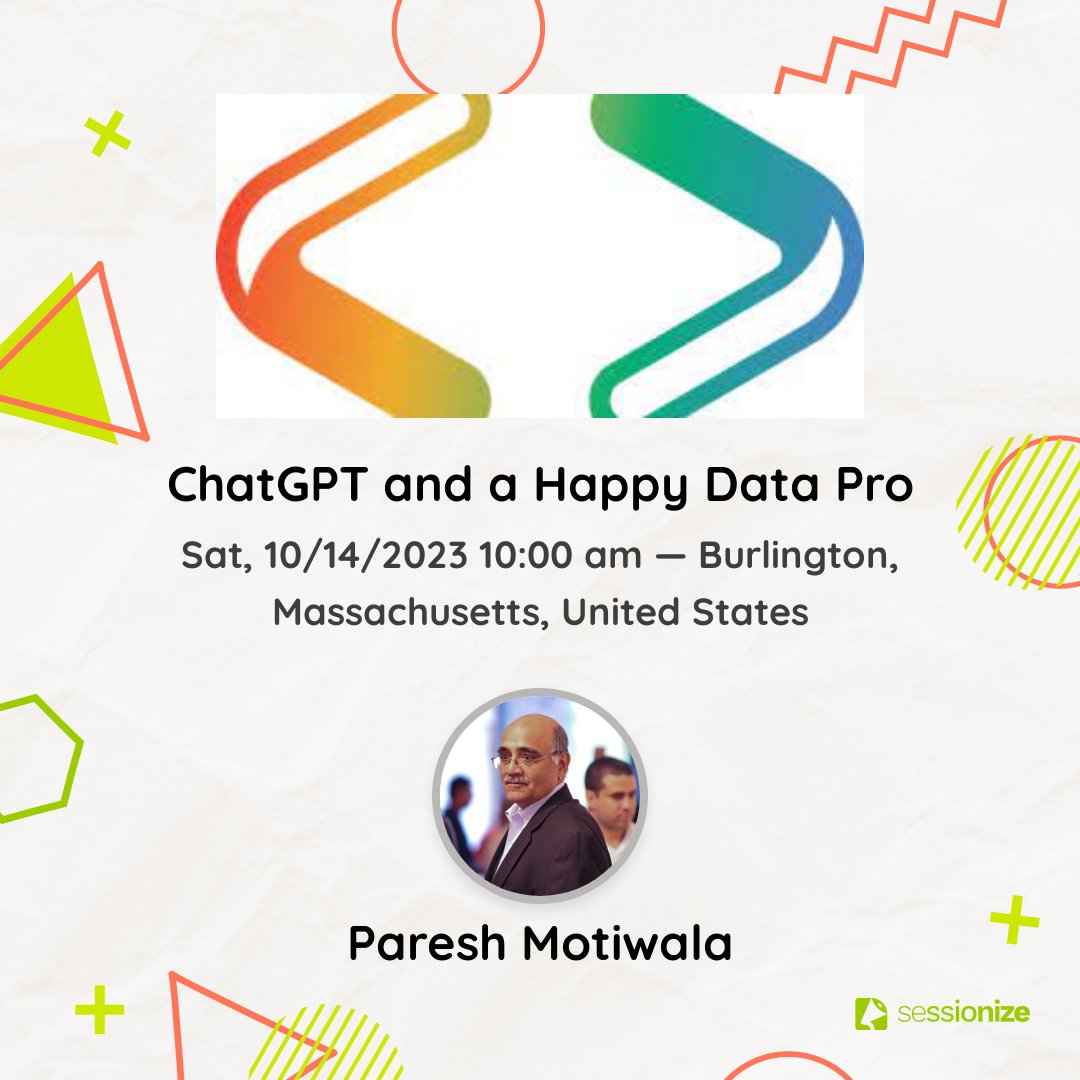 @pareshmotiwala  will be speaking at #sqlsatBoston
ChatGPT and a Happy Data Pro

👇
⏰ Register soon to avoid being on the waiting list:
eventbrite.com/e/sql-saturday…
#freetraining #sqlsaturday #sqlserver #azuresql #chatgpt #generatieveai #artificialintelligence #dataprofessionals