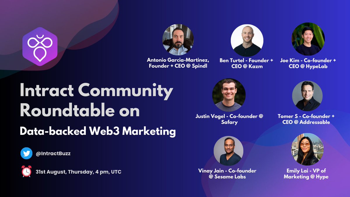 1/ We’re bringing together an elite panel on *data-backed marketing* in web3! 🐝 The Intract Community’s Roundtable this time has star-studded mar-tech founders like @antoniogm, @BTurtel, @im_joe_kim, @jkey_eth, @TomerSharoni, @vinayjain404, @Emilyxlai, and @apurvkaushal 🚀