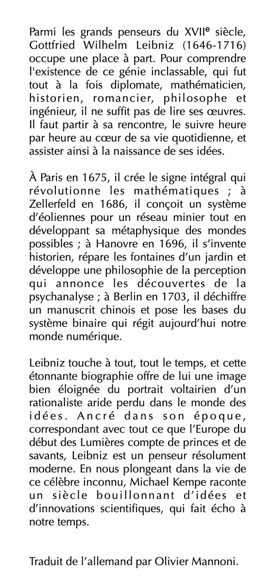 Traduction française de Michael Kempe - Sept jours dans la vie de Leibniz À paraître en septembre chez Flammarion