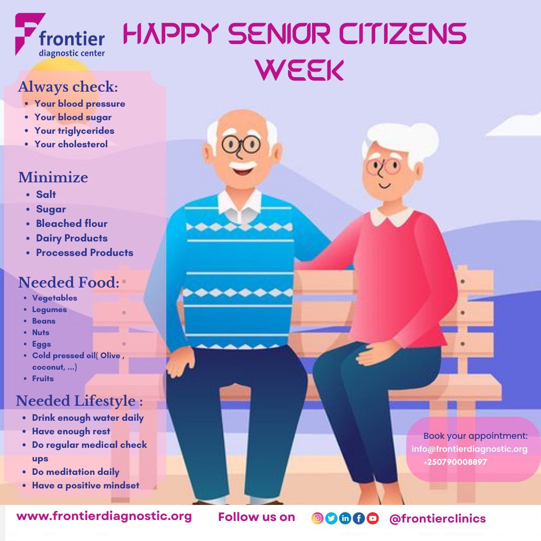 Frontierclinics's tweet image. Happy Senior Citizens Week! 🎉 Embrace a vibrant, healthy lifestyle for optimal well-being. ✨ Regular health check-ups are key, along with nutritious foods that nourish both body and mind. Regular physical exercise is a daily must. #SeniorCitizensWeek #HealthyLifestyle #Health