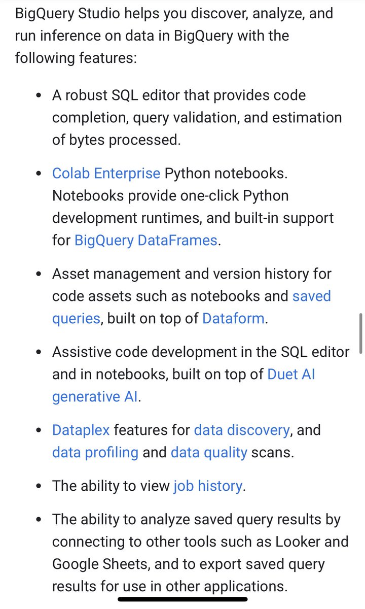 SimoAhava's tweet image. Holy crap. 

“BigQuery Studio”

- SQL code assistance
- Collaboration tools (Colab notebooks)
- Asset management built on Dataform
- Duet AI for assistive code development
- …and more

cloud.google.com/bigquery/docs/…