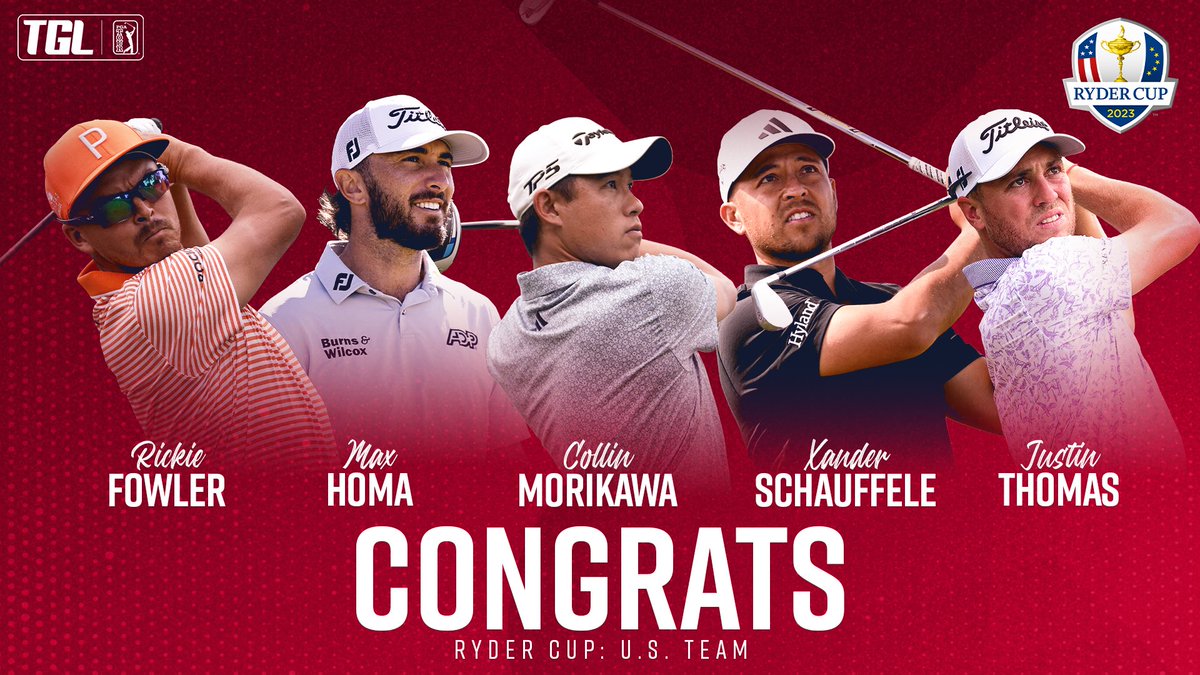 TGL's tweet photo. The @rydercupusa team is locked. 🔒 We can’t wait to watch #TeamTGL tee it up in Rome. Team golf, for the win. 💪

@RickieFowler | @maxhoma23 | @collin_morikawa | @XSchauffele | @JustinThomas34 https://t.co/JZZqGaEds0
