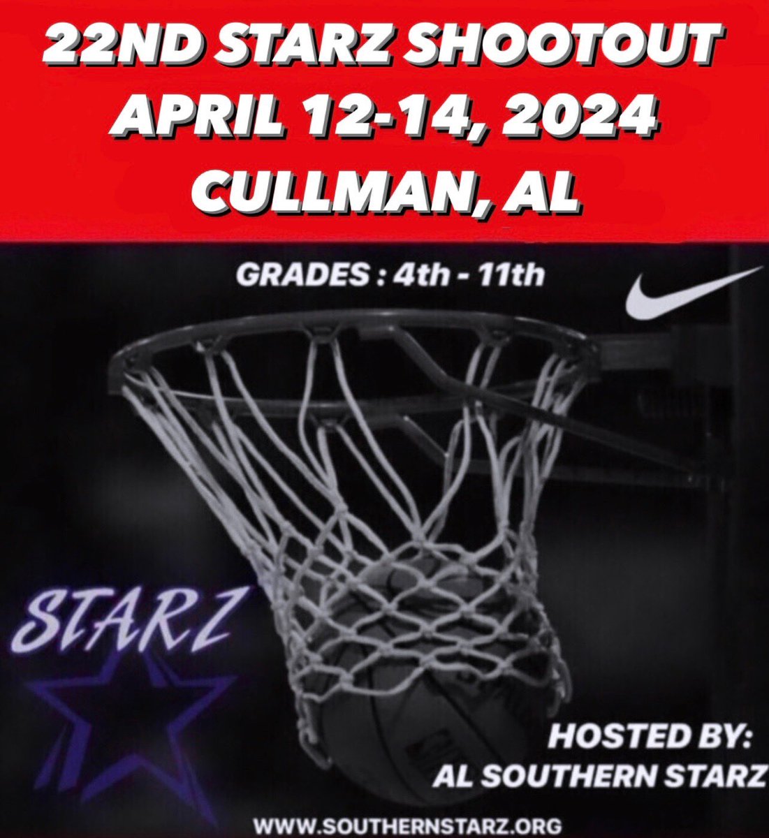 STARZ SHOOTOUT #22 is set!  Save the Date - April 12-14 in Cullman AL!  High Level Competition in 4th - 11th Grades!   Top Clubs will participate! Multi-team Discounts!  Wood Floors &amp; Stop Clock!  Come Test your Teams! Reserve your spots now!  🏀