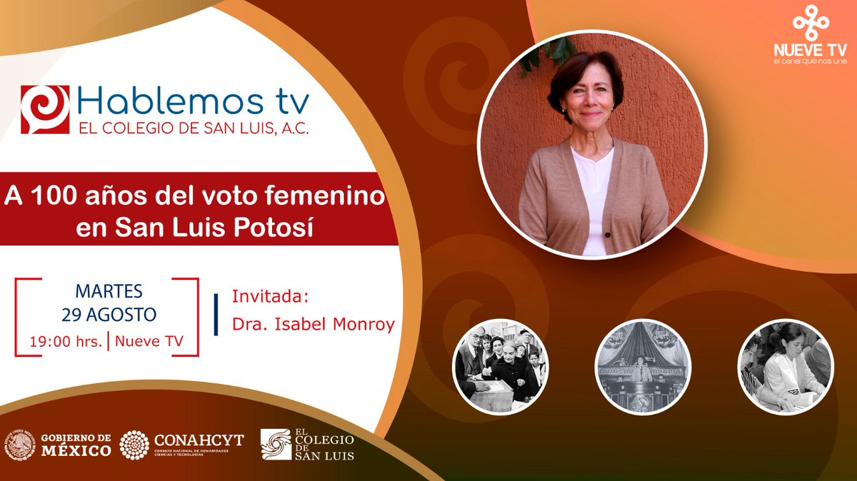 Nuevetvdigital's tweet photo. 📺👉Esta noche te esperamos en #HablemosTV con @elcolsan para conocer acerca de la historia sobre el voto femenino en SLP🗳 además de la participación política de la mujer📜🚺 en compañía de nuestra invitada la Dra. Isabel Monroy.
🤩Hoy, 7p.m. a través de nuestra señal. https://t.co/PH8brZyBQx