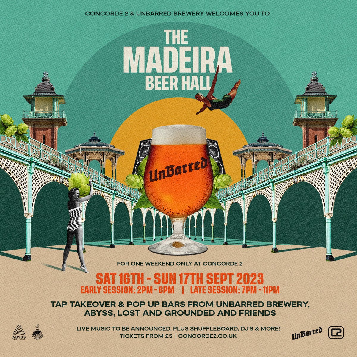 Concorde 2 & UnBarred Brewery Welcomes You To… The Madeira Beer Hall For one weekend only Saturday 16th & Sunday 17th September Tap takeover & pop up bars from @UnBarredBrewery, @abyssbrewing, @lostandgrounded and friends. Tickets from £5, grab them from concorde2.co.uk